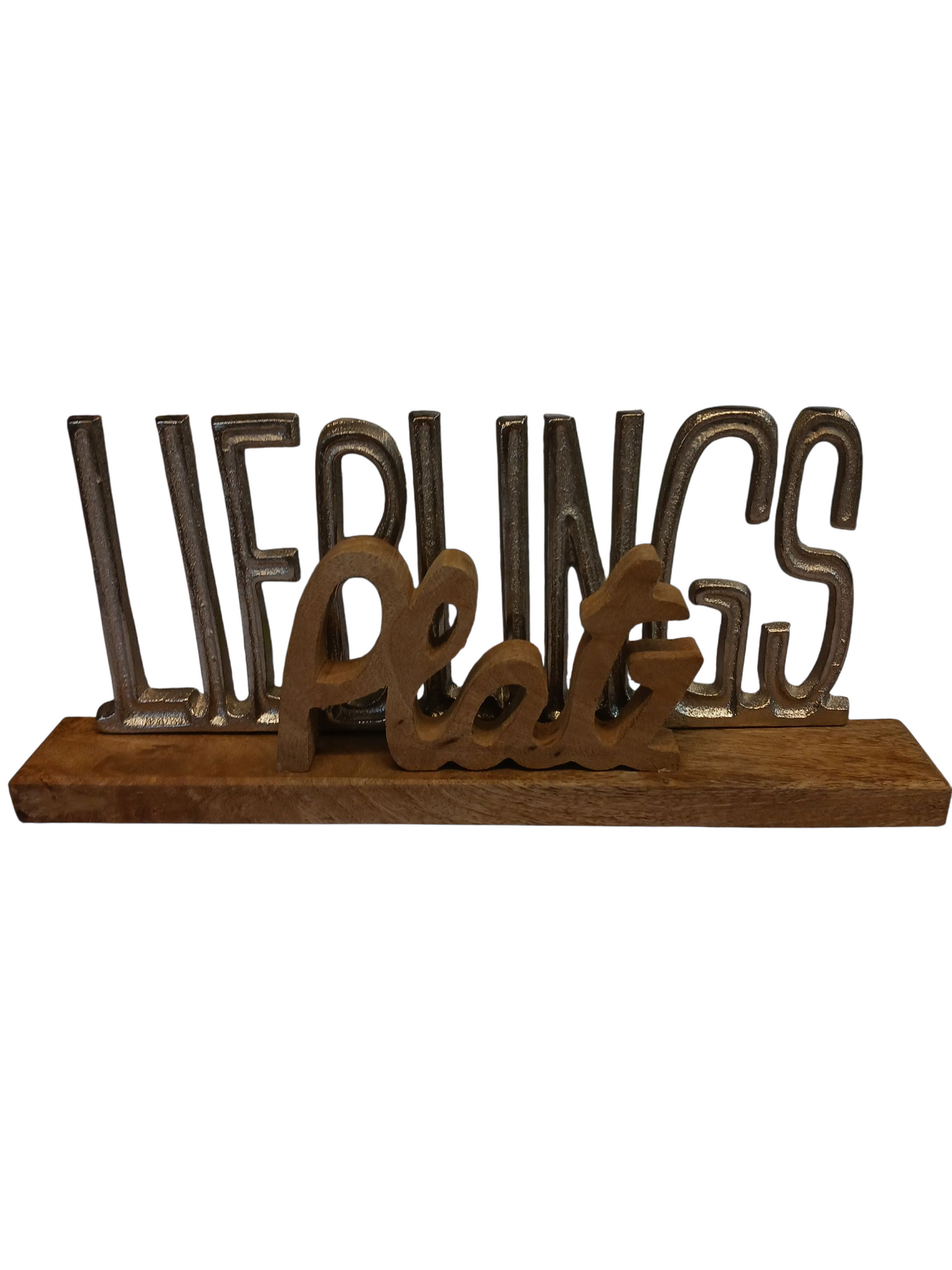 Deko-Schriftzug "Lieblingsplatz" in Silber aus Aluminium auf Mangosockel